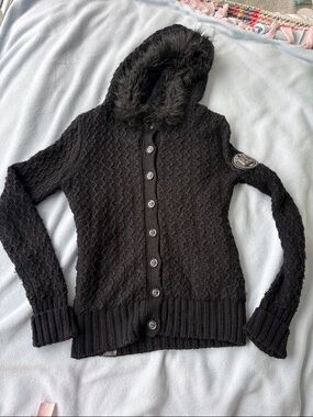 Y2K Joshua Perets Black Hooded Cable-Knit Button Cardigan with Faux-Fur Trim